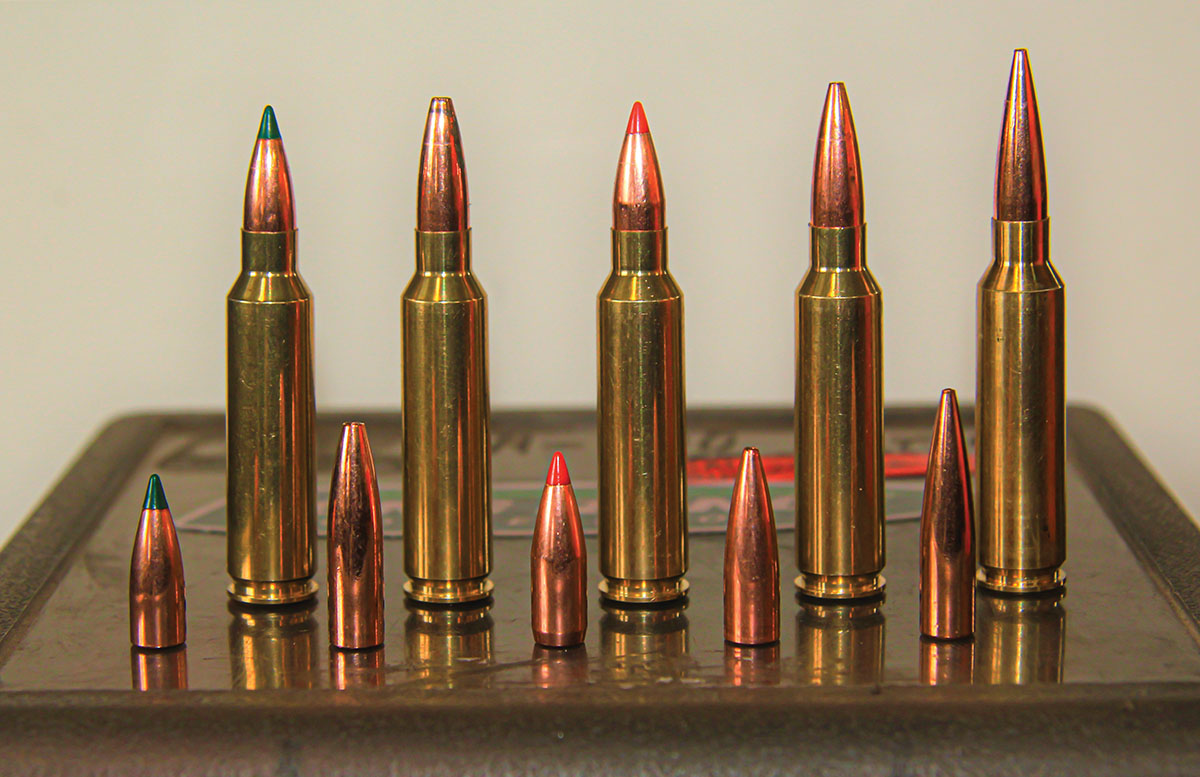 Bullets used to test the 24 York included (left to right): Sierra 55-grain BlitzKing, Barnes 62-grain Varmint Grenade, Hornady 65-grain V-MAX, Barnes 68-grain Match Burners and Berger 88-grain High BC FB Varmint.